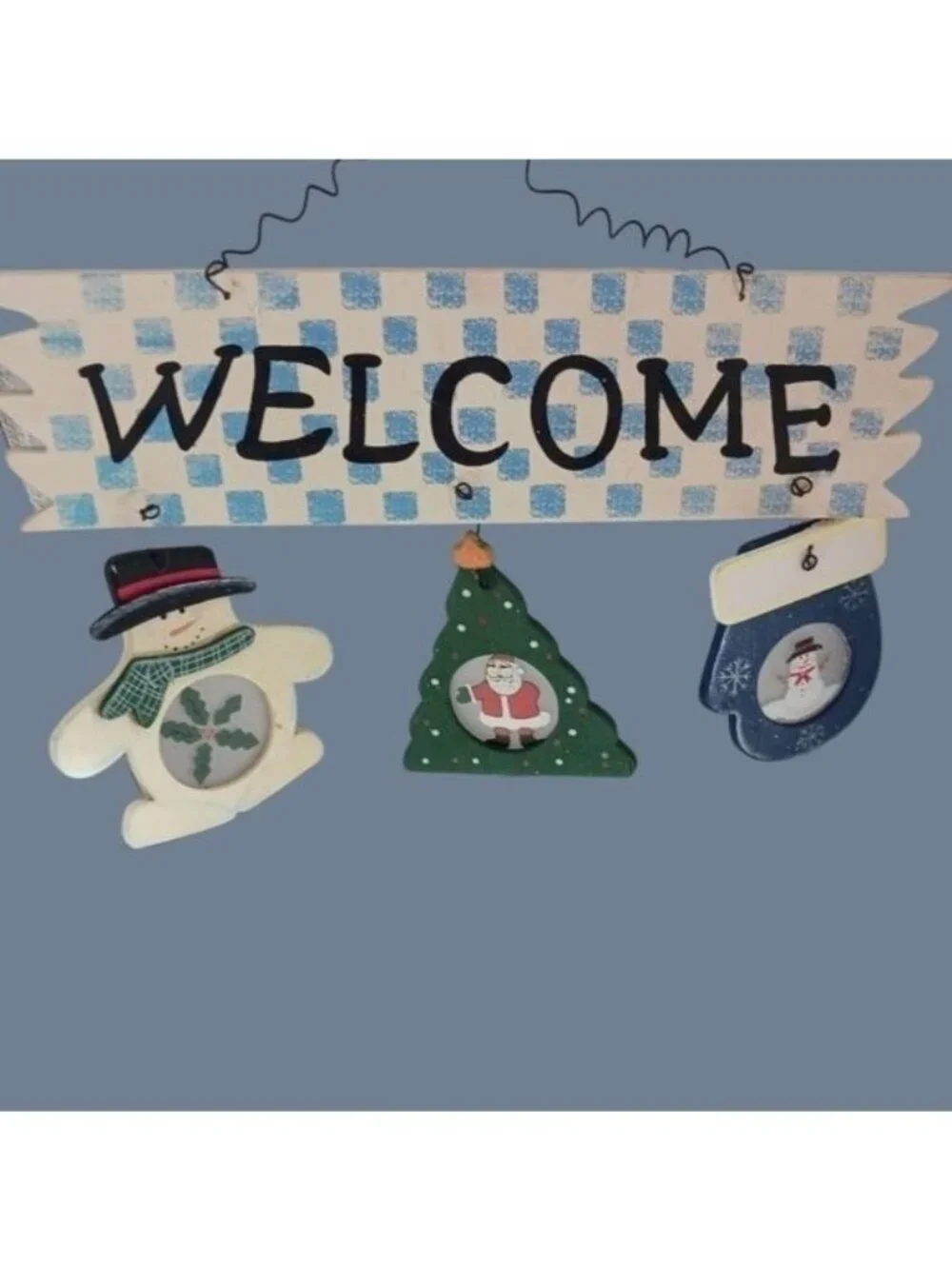 Christmas Welcome Wall Hanging w/Snowman Tree & Stocking  Holiday Décor